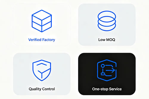 Four core benefits icons: Verified Factory, Low MOQ, Quality Control, One‑stop Service