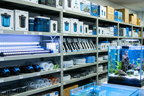 Aquarium accessories warehouse sample display, factory stock shelves for wholesale buyers