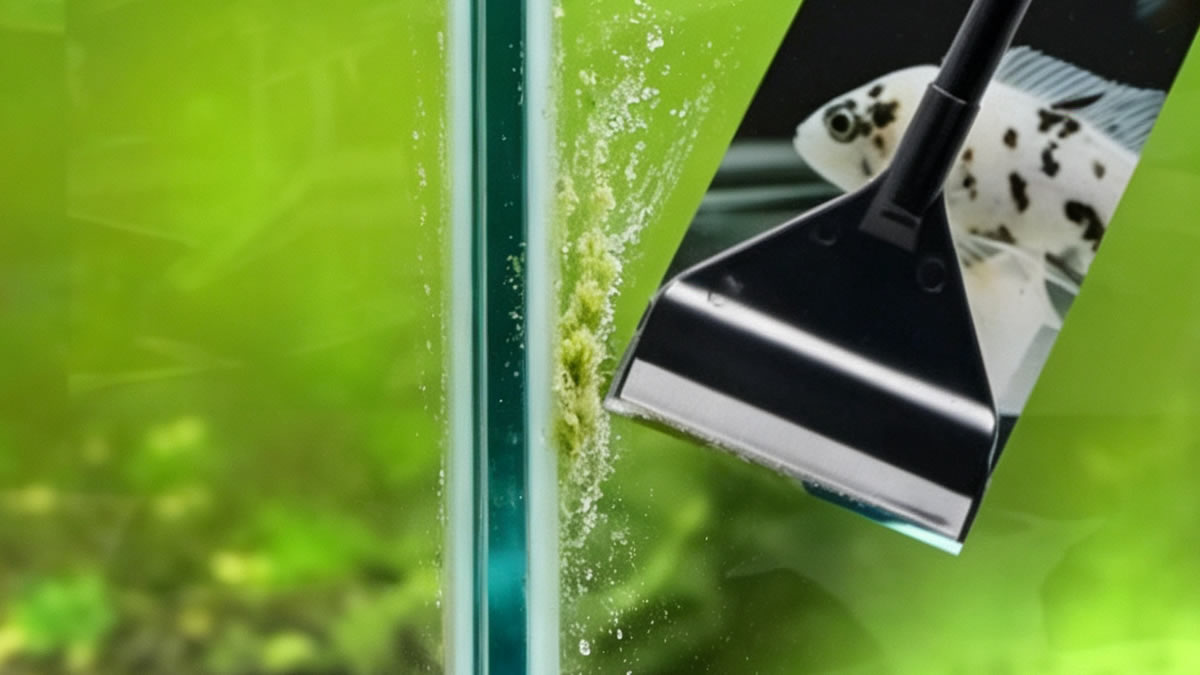Aquarium algae scraper removing green spot algae from aquarium glass