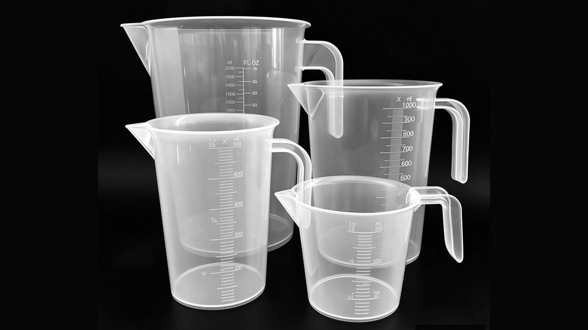 Four sizes of aquarium measuring cup with graduated scale lined up from 250ml to 2000ml
