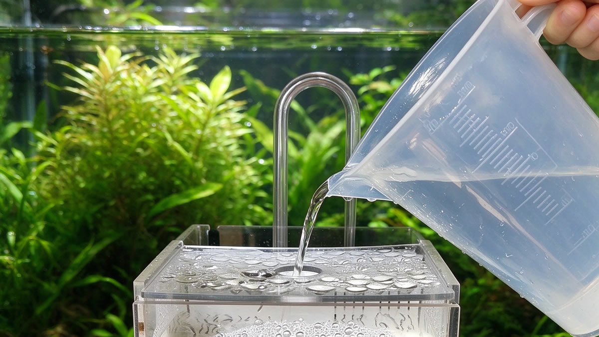 Pouring water with an aquarium measuring cup to top up the tank filter during a water change