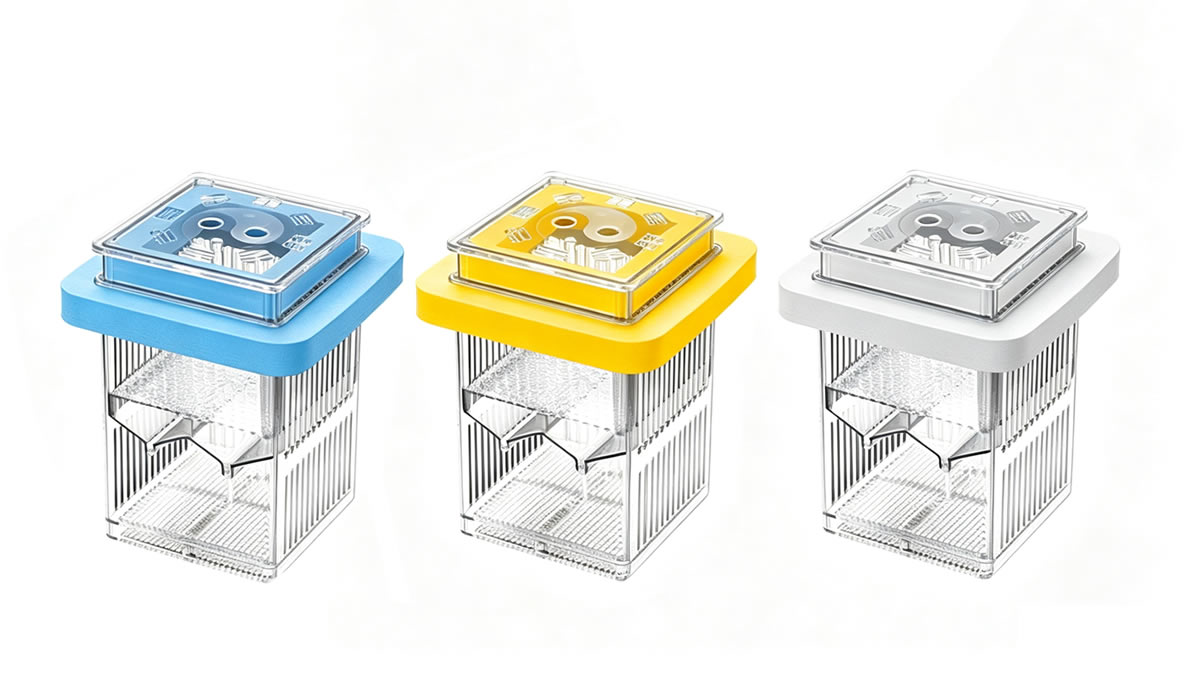 Fish breeding box with blue, yellow and white floating rings, three color options for retail display