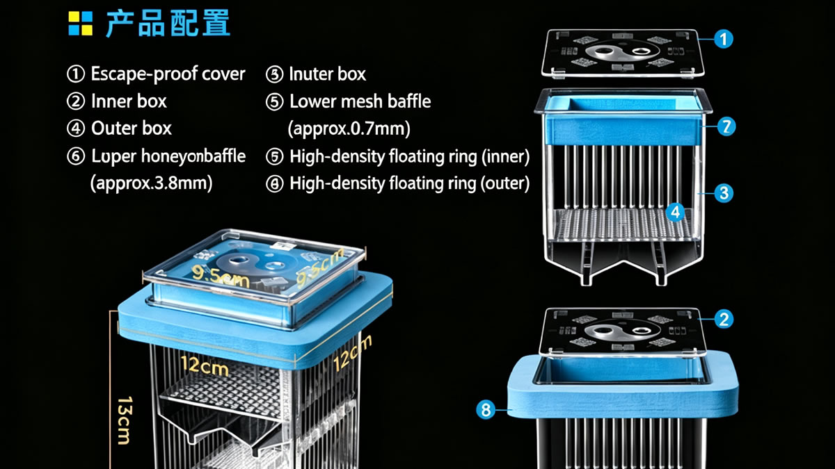 Double-layer fish breeding box structure with honeycomb baffle and raised bottom mesh