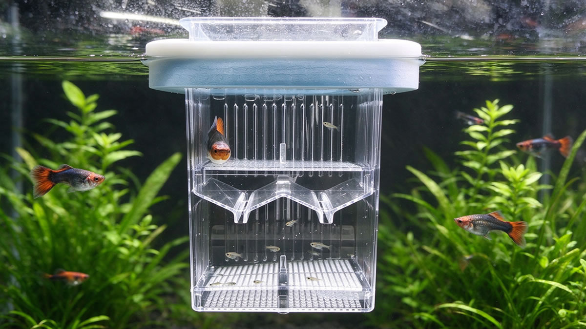 Floating fish breeding box in a guppy tank, fry protected inside the double-layer box