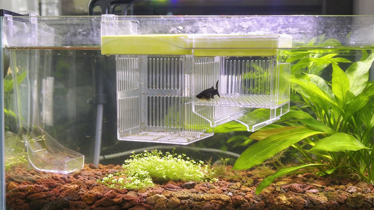 Mother guppy resting in a floating breeding box after giving birth, isolated from the main tank